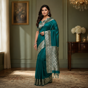 Banarasi Cotton Saree with Zari Work | Elegant Cotton Saree with Rich Border and Comfortable Fabric (Rama Green)
