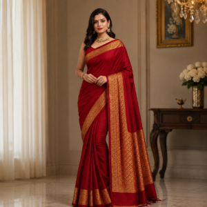 Banarasi Cotton Saree with Zari Work | Elegant Cotton Saree with Rich Border and Comfortable Fabric (Red)