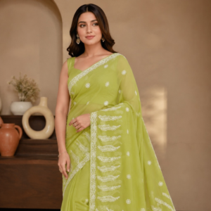 Lucknow Chikankari Georgette Saree for Women | Traditional Hand Embroidered Saree with Blouse Piece