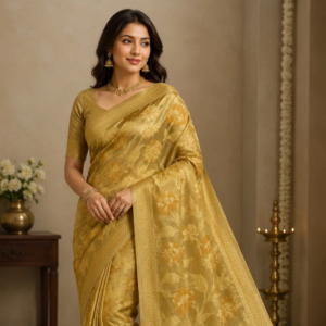 Banarasi Tissue Silk Saree for Women – Golden | Lightweight Saree with Rich Zari Border and Matching Blouse Piece