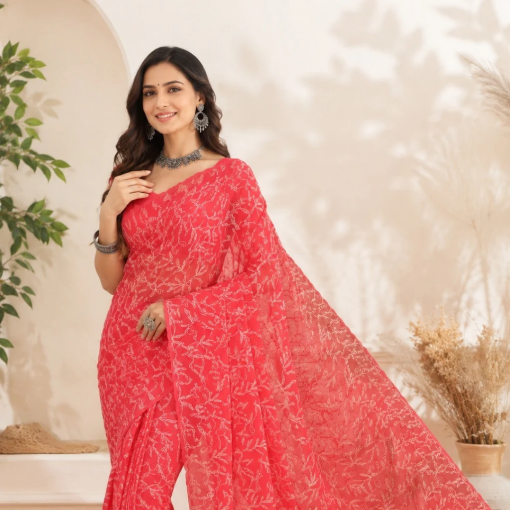 Hand Embroidered Lucknowi Chikankari Georgette Saree for Women with Unstitched Blouse Piece Tepchi Saree