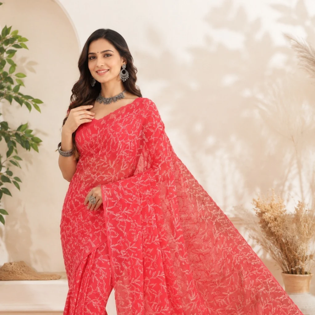 Hand Embroidered Lucknowi Chikankari Georgette Saree for Women with Unstitched Blouse Piece Tepchi Saree