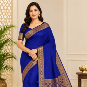 Banarasi Cotton Saree with Zari Work | Elegant Cotton Saree with Rich Border and Comfortable Fabric (Royal Blue)