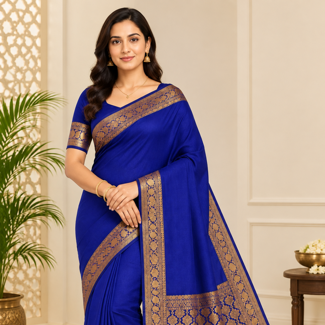 Banarasi Cotton Saree with Zari Work | Elegant Cotton Saree with Rich Border and Comfortable Fabric (Royal Blue)