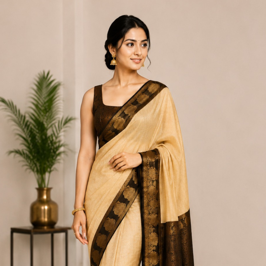 Elegant Tissue Kota Banarasi Saree for Women | Handwoven in Beige and Black | Traditional Ethnic Wear
