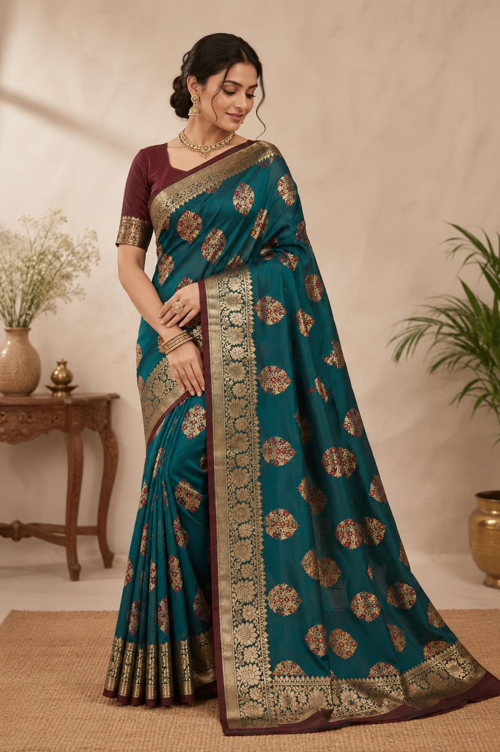 Banarasi Katan Silk Saree with Meena Buta Zari Weaving with Unstitched Blouse - Image 2