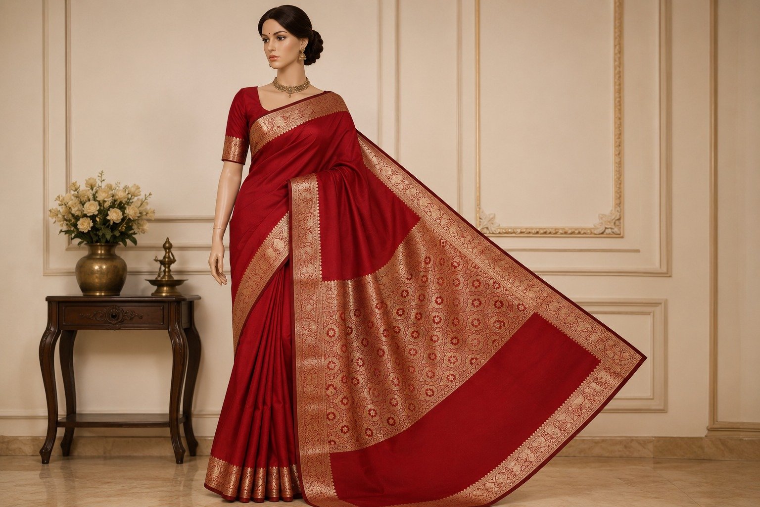 Banarasi Cotton Silk Saree with Golden Zari Work | Elegant Traditional Saree for Women (Red) - Image 2