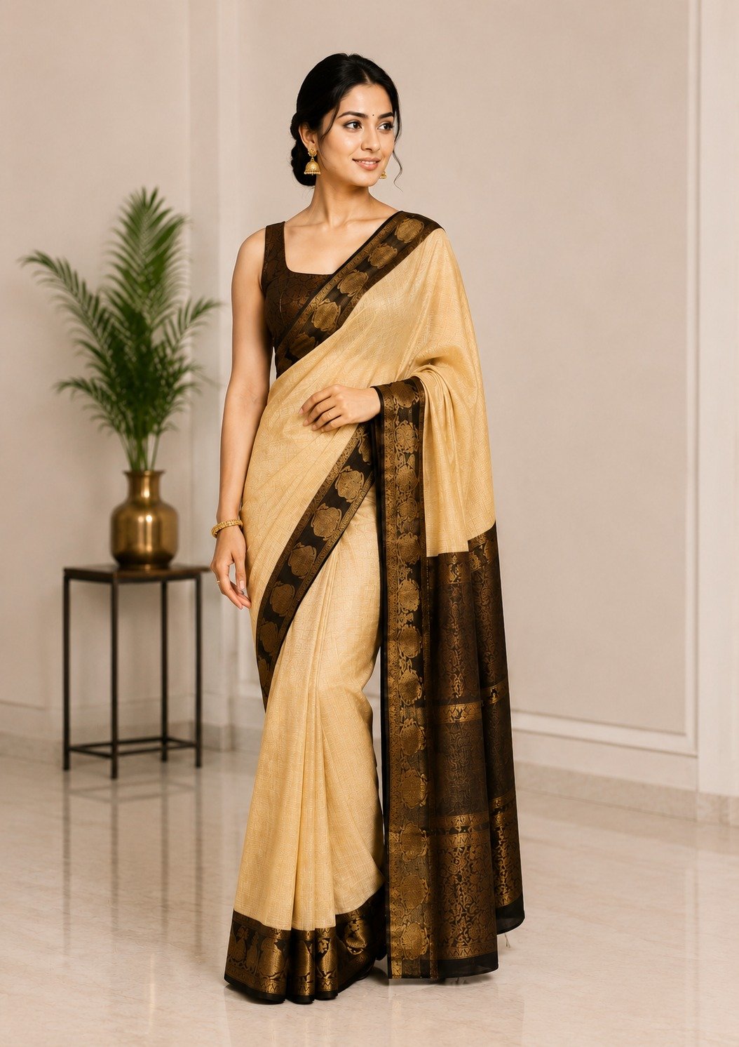 Elegant Tissue Kota Banarasi Saree for Women | Handwoven in Beige and Black | Traditional Ethnic Wear - Image 2
