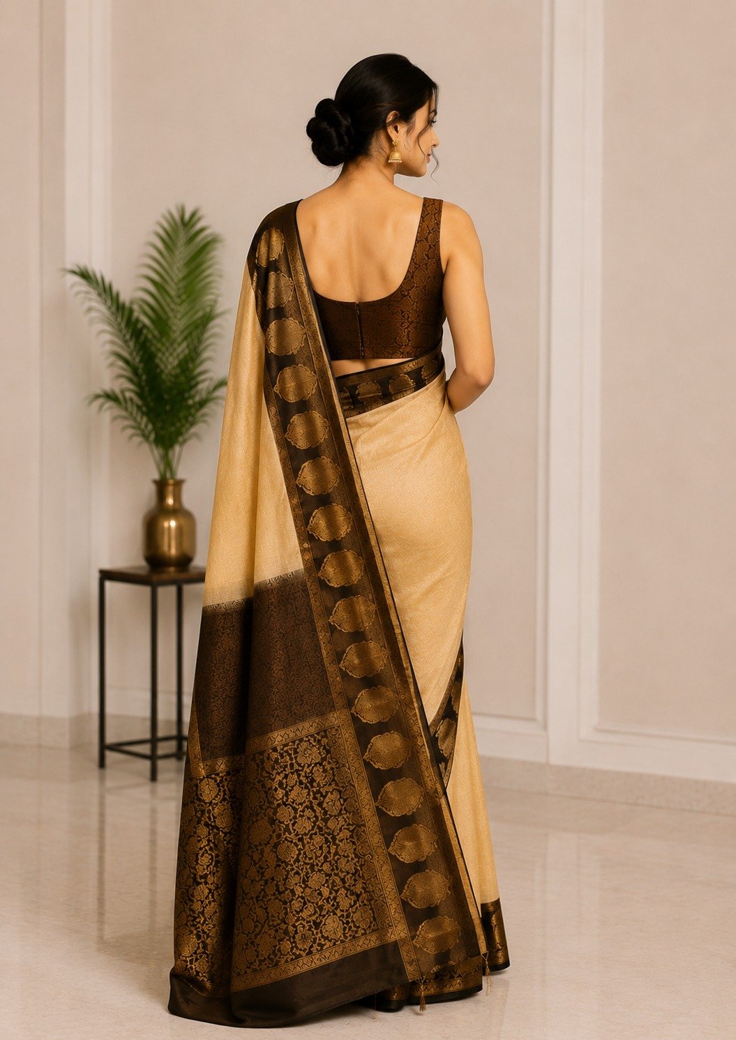 Elegant Tissue Kota Banarasi Saree for Women | Handwoven in Beige and Black | Traditional Ethnic Wear - Image 3