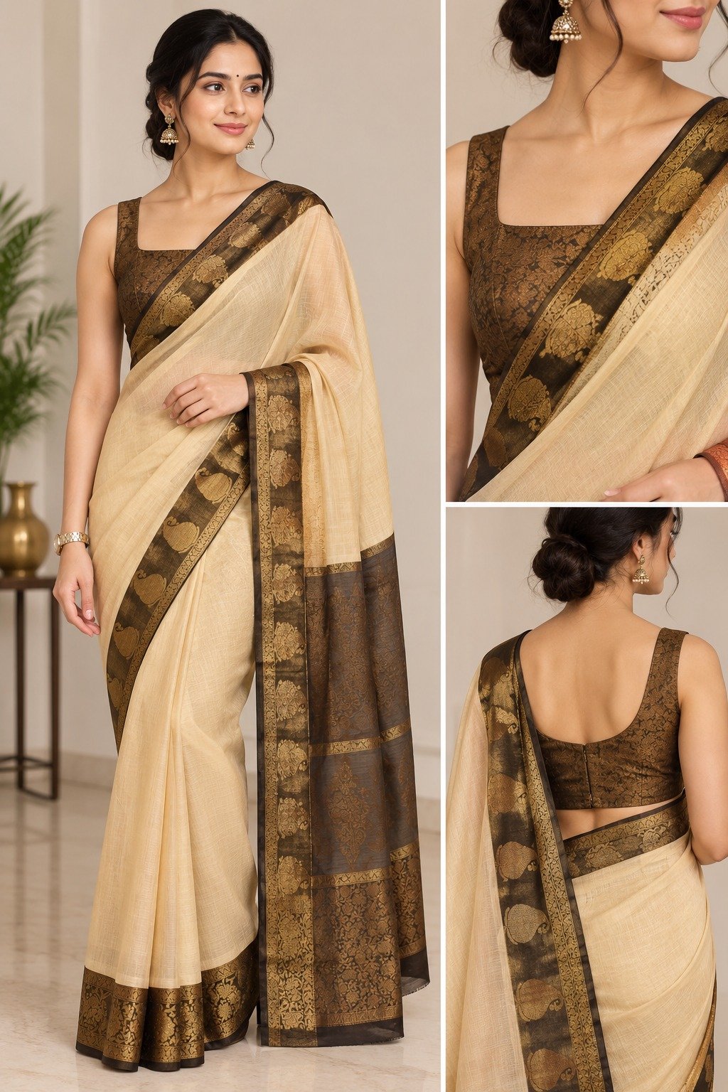 Elegant Tissue Kota Banarasi Saree for Women | Handwoven in Beige and Black | Traditional Ethnic Wear - Image 4