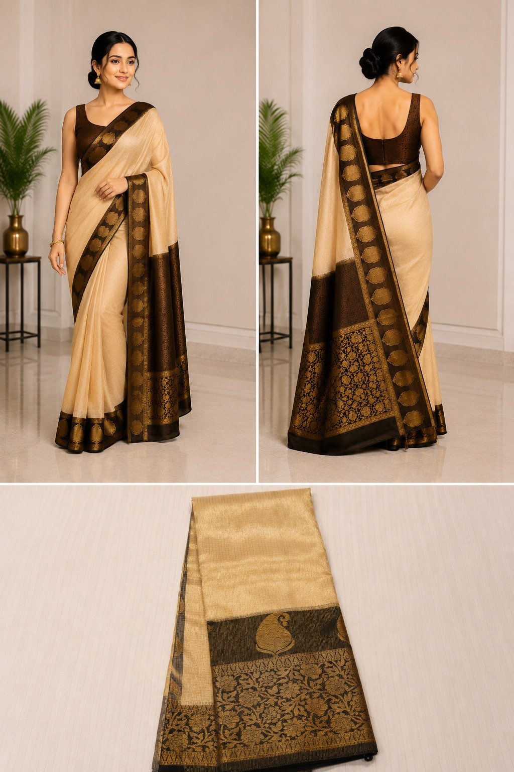 Elegant Tissue Kota Banarasi Saree for Women | Handwoven in Beige and Black | Traditional Ethnic Wear - Image 5