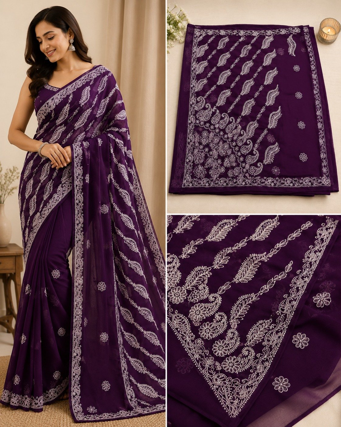 Lucknow Chikankari Georgette Saree for Women | Traditional Hand Embroidered Saree with Blouse Piece (Purple) - Image 2