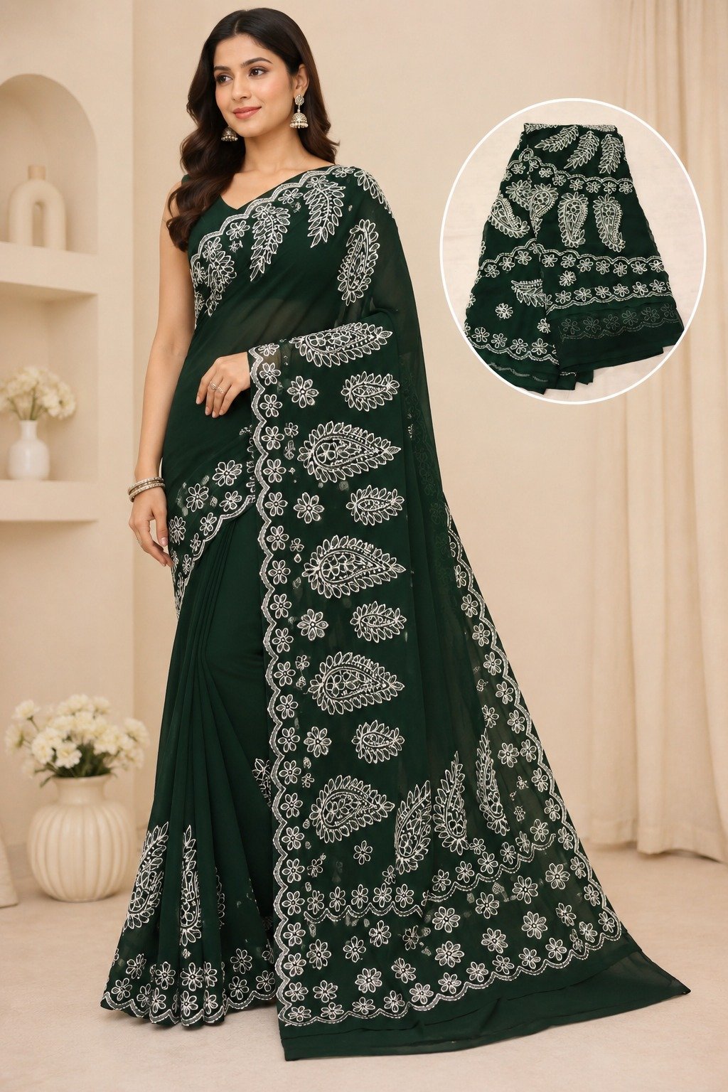 Lucknow Chikankari Georgette Saree for Women | Traditional Hand Embroidered Saree with Blouse Piece (Dark Green) - Image 2