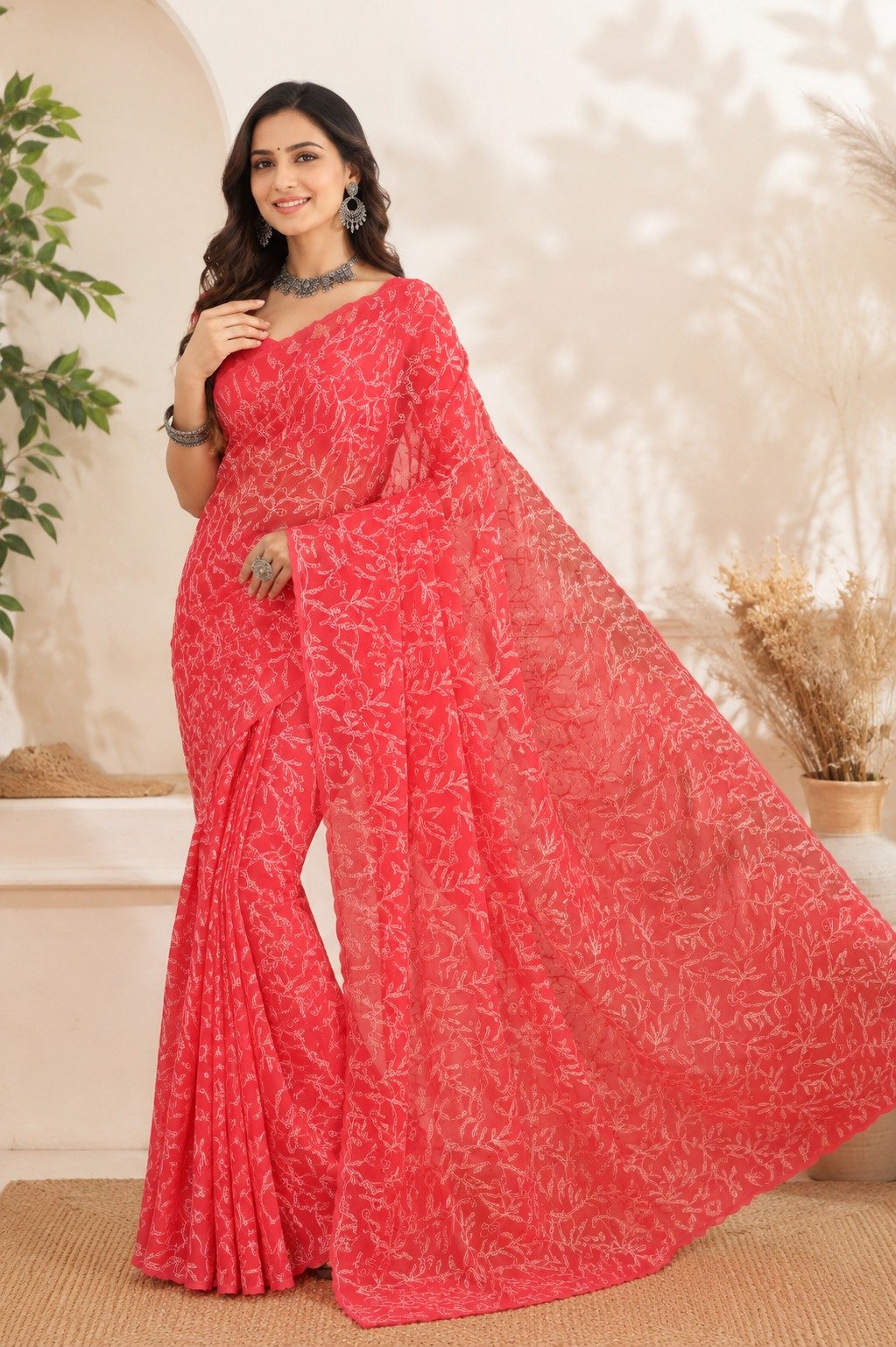 Hand Embroidered Lucknowi Chikankari Georgette Saree for Women with Unstitched Blouse Piece Tepchi Saree - Image 2