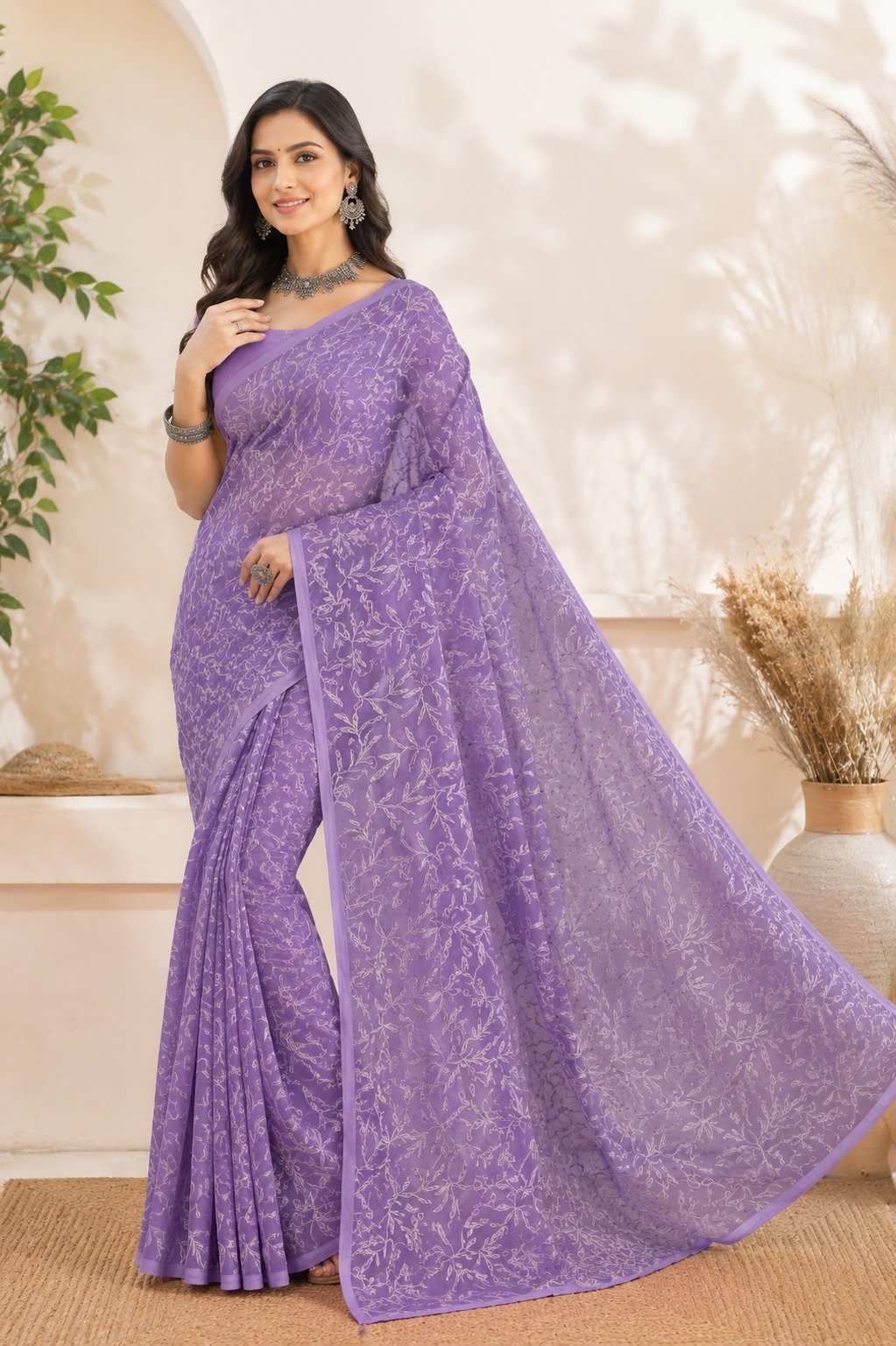 Hand Embroidered Lucknowi Chikankari Georgette Saree for Women with Unstitched Blouse Piece Tepchi Saree (Lavender) - Image 2