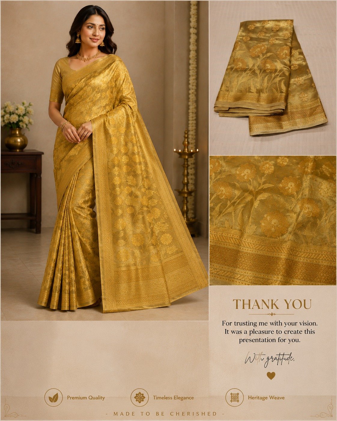 Banarasi Tissue Silk Saree for Women – Golden | Lightweight Saree with Rich Zari Border and Matching Blouse Piece - Image 3