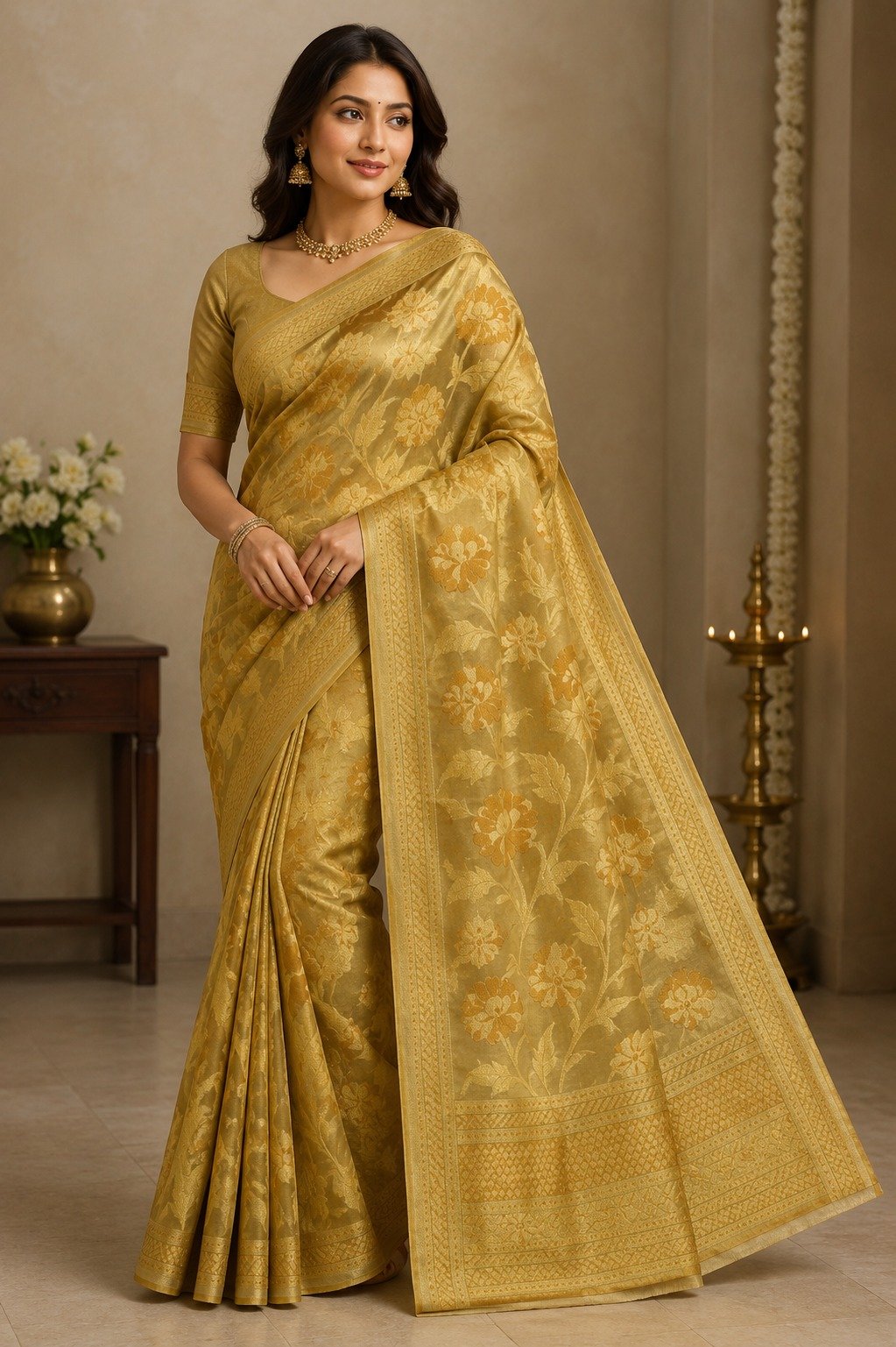 Banarasi Tissue Silk Saree for Women – Golden | Lightweight Saree with Rich Zari Border and Matching Blouse Piece - Image 2