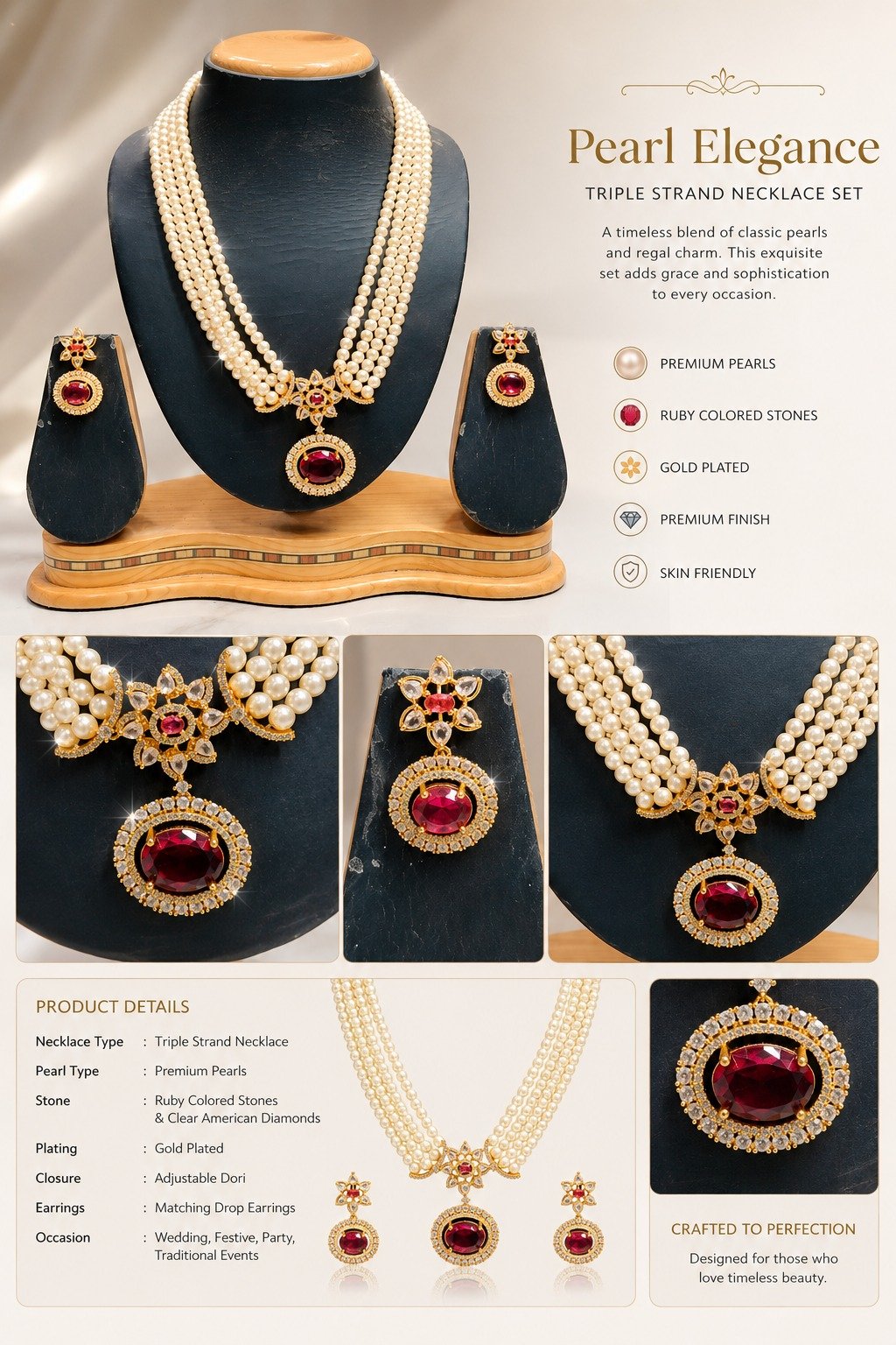 Pearl Elegance Triple Strand Necklace Set - Image 4