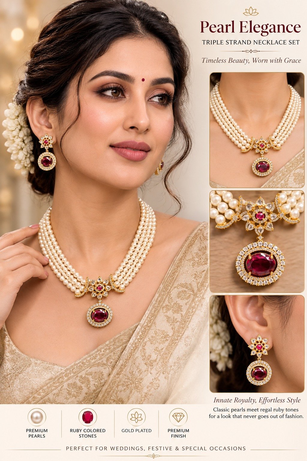 Pearl Elegance Triple Strand Necklace Set - Image 2