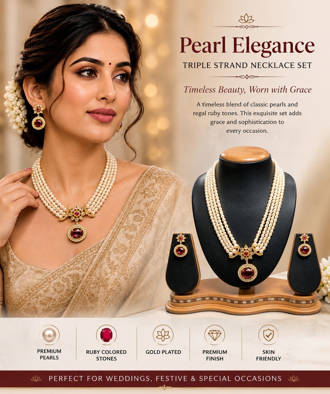 Pearl Elegance Triple Strand Necklace Set - Image 3