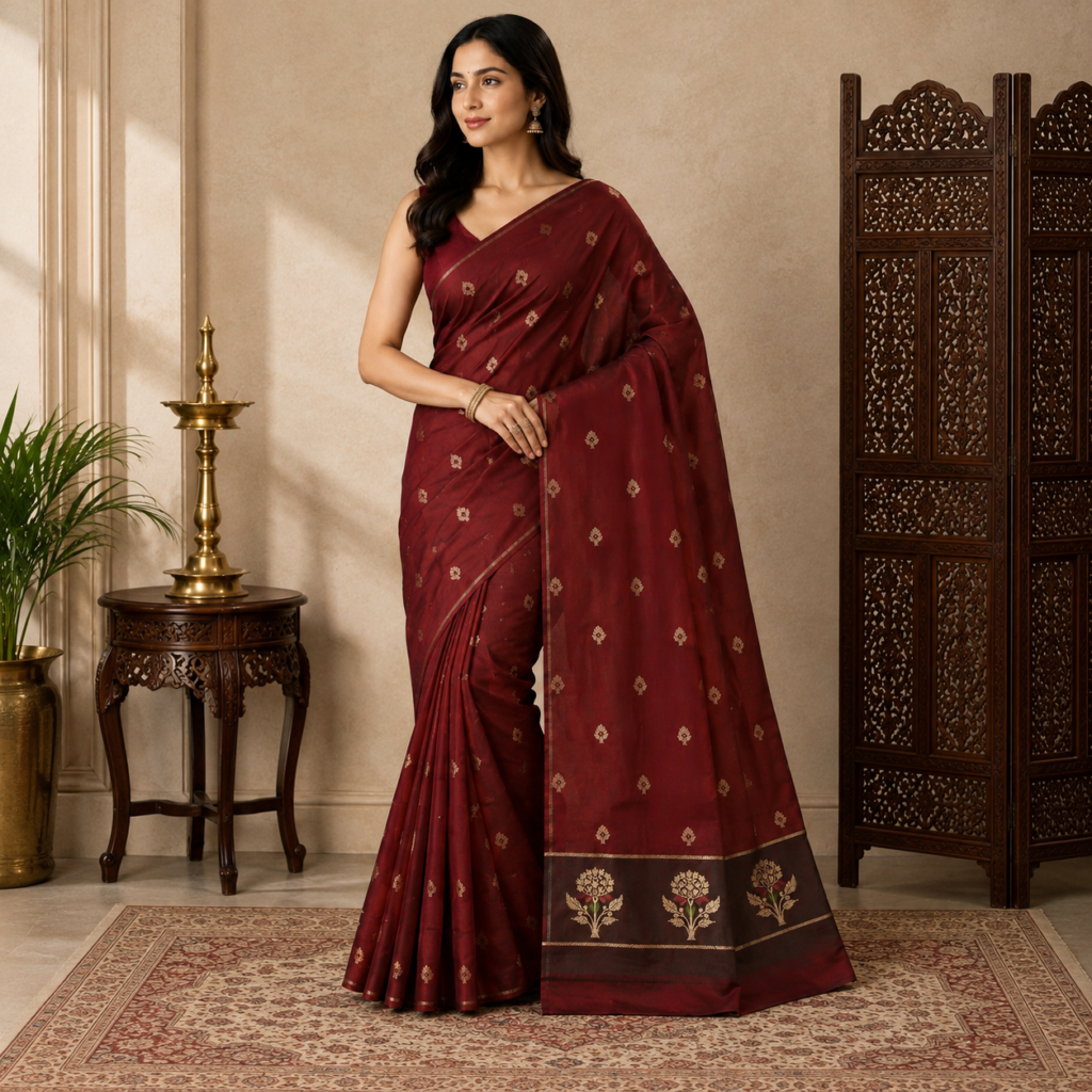 Banarasi Katan Silk Saree | Pure Woven Silk Fabric | Rich Zari Work Pallu | Blouse Piece Included (Wine)