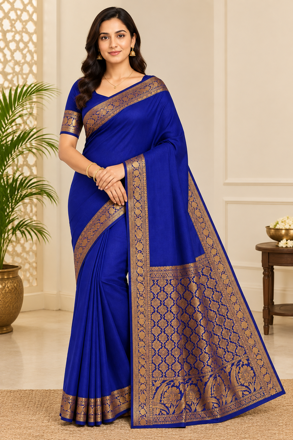 Banarasi Cotton Saree with Zari Work | Elegant Cotton Saree with Rich Border and Comfortable Fabric (Royal Blue) - Image 2