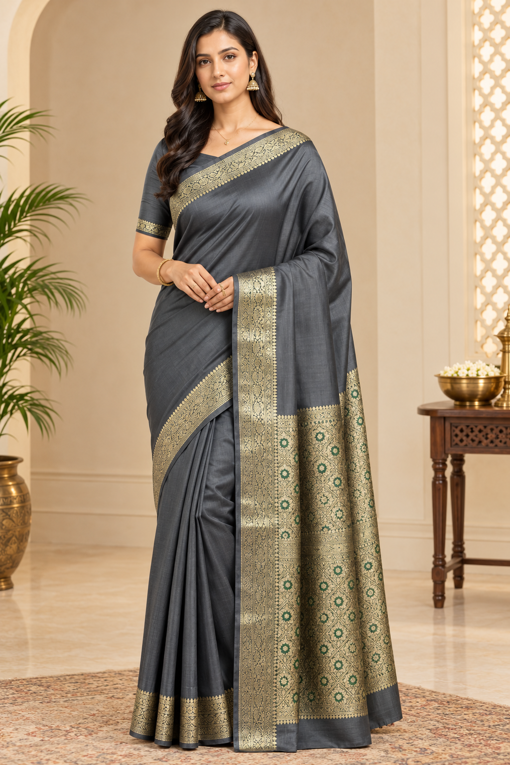 Banarasi Cotton Silk Saree with Golden Zari Work | Elegant Traditional Saree for Women (Grey) - Image 2