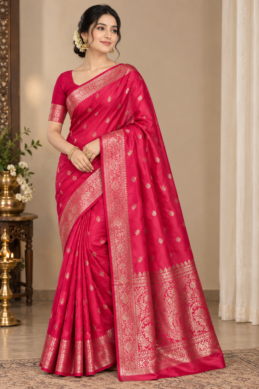 Banarasi Katan Silk Saree for Women | Pure Handloom Woven | Traditional Zari Border & Pallu | Premium Indian Ethnic Wear for Wedding & Festive Occasions (Pink) - Image 2
