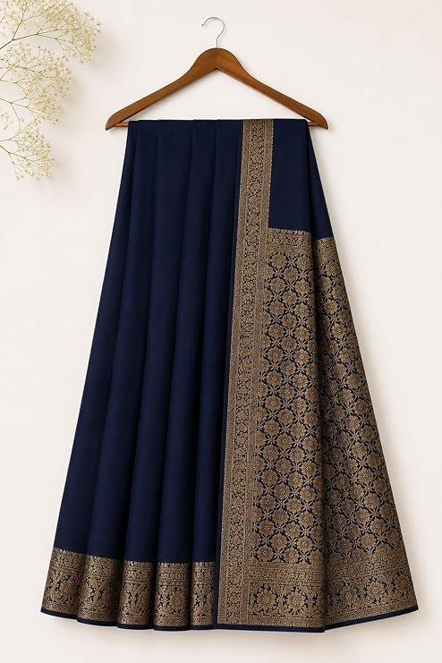 Banarasi Cotton Saree with Zari Work | Elegant Cotton Saree with Rich Border and Comfortable Fabric (Navy Blue) - Image 4
