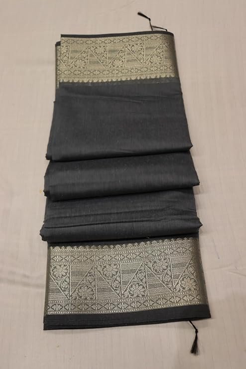 Banarasi Cotton Silk Saree with Golden Zari Work | Elegant Traditional Saree for Women (Grey) - Image 3