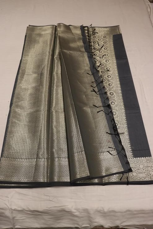 Banarasi Cotton Silk Saree with Golden Zari Work | Elegant Traditional Saree for Women (Grey) - Image 4