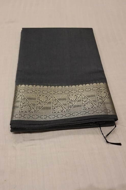 Banarasi Cotton Silk Saree with Golden Zari Work | Elegant Traditional Saree for Women (Grey) - Image 5