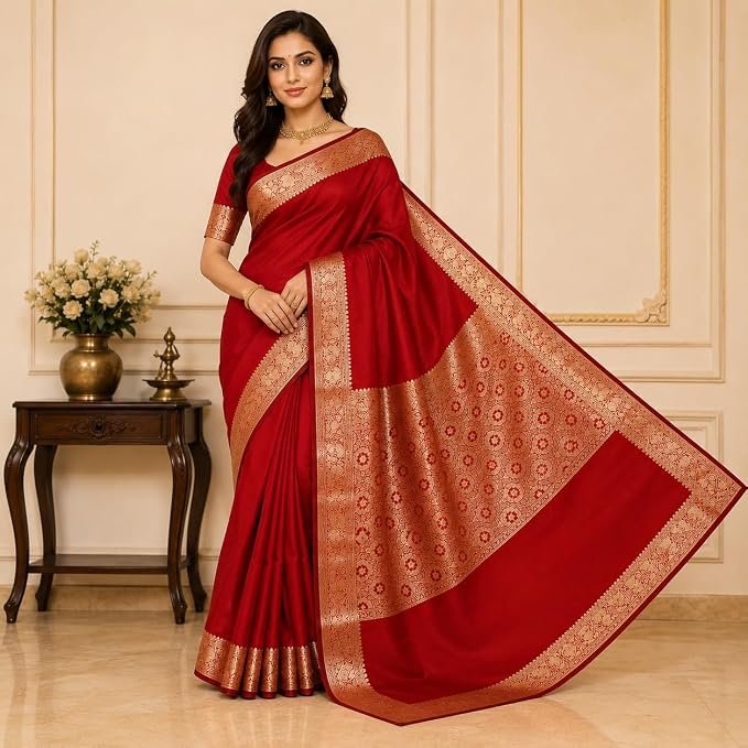 Banarasi Cotton Silk Saree with Golden Zari Work | Elegant Traditional Saree for Women (Red) - Image 4