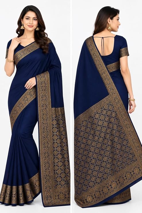 Banarasi Cotton Saree with Zari Work | Elegant Cotton Saree with Rich Border and Comfortable Fabric (Navy Blue) - Image 3