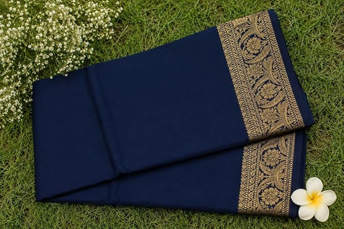 Banarasi Cotton Saree with Zari Work | Elegant Cotton Saree with Rich Border and Comfortable Fabric (Navy Blue) - Image 5