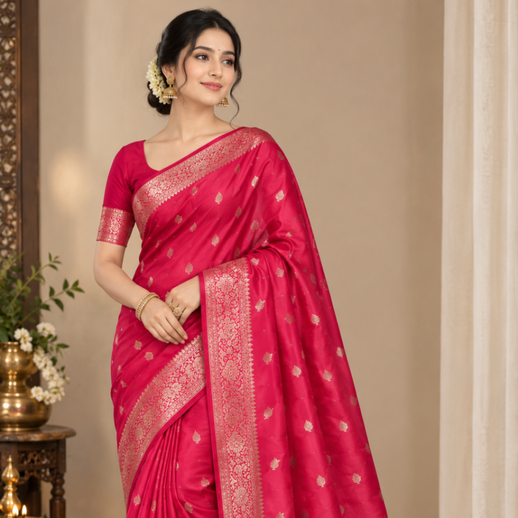 Banarasi Katan Silk Saree for Women | Pure Handloom Woven | Traditional Zari Border & Pallu | Premium Indian Ethnic Wear for Wedding & Festive Occasions (Pink)