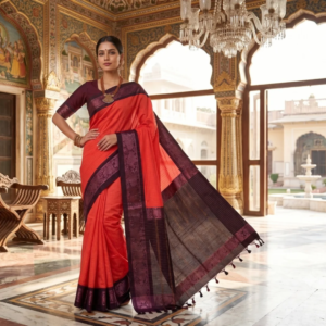 Elegant South Cotton Checks Saree with Rich Zari Border & Running Blouse Piece (Red & Cock Colour)