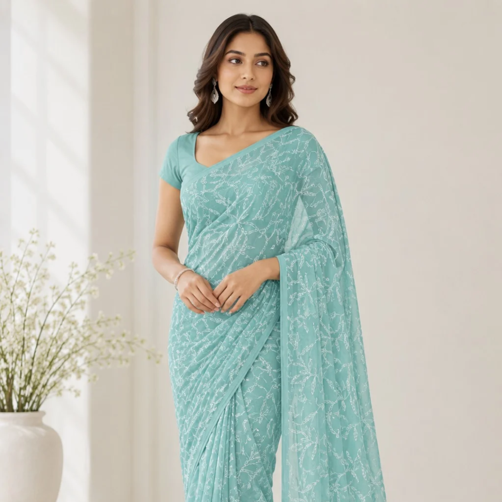 Hand Embroidered Lucknowi Chikankari Georgette Saree for Women with Unstitched Blouse Piece Tepchi Saree (Sea Green)