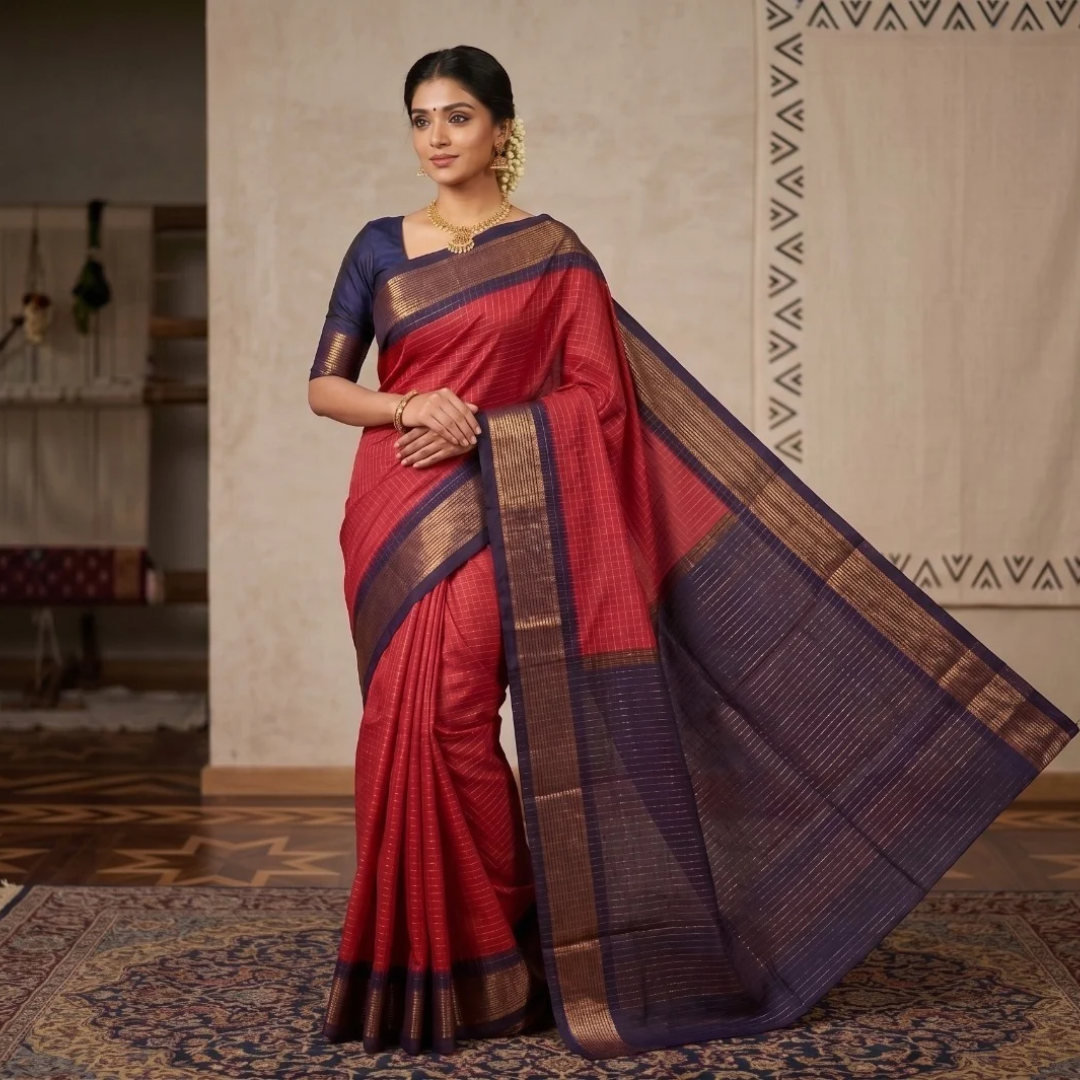 Elegant South Cotton Checks Saree with Rich Zari Border & Running Blouse Piece (Wine & Navy Blue)