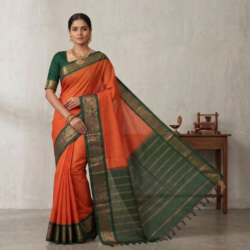 Elegant South Cotton Checks Saree with Rich Zari Border & Running Blouse Piece (Brick Red & Green)