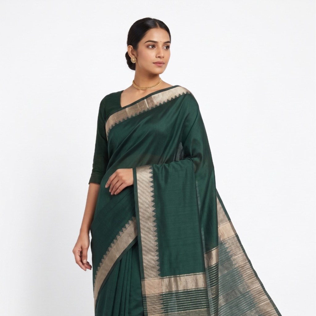 Pure Mangalagiri Cotton Saree for Women | Handloom Woven Traditional Saree with Golden Zari Border | Lightweight & Soft Ethnic Wear (Green)