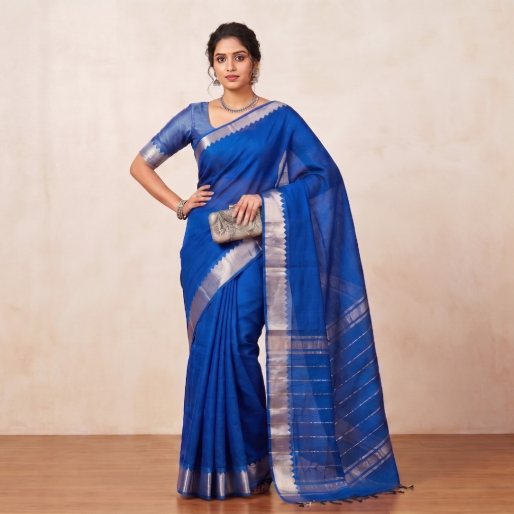 Pure Mangalagiri Cotton Saree for Women | Handloom Woven Traditional Saree with Golden Zari Border | Lightweight & Soft Ethnic Wear (Light Royal Blue)