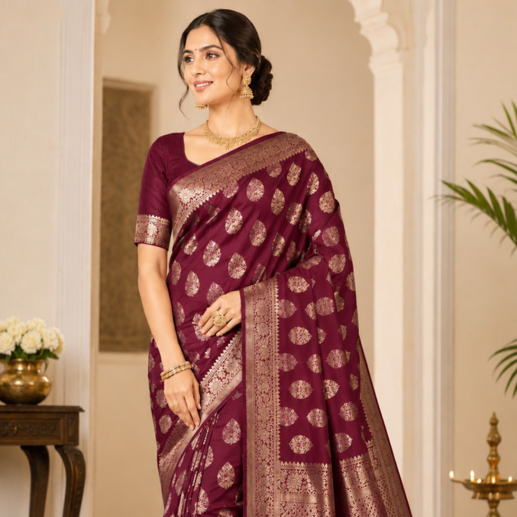 Banarasi Katan Silk Saree with Meena Buta Zari Weaving with Unstitched Blouse (Wine)