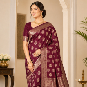 Banarasi Katan Silk Saree with Meena Buta Zari Weaving with Unstitched Blouse (Wine)