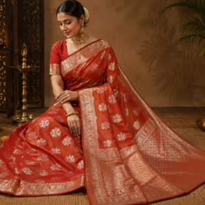 Banarasi Katan Silk Saree with Meena Buta Zari Weaving with Unstitched Blouse (Brick Red)