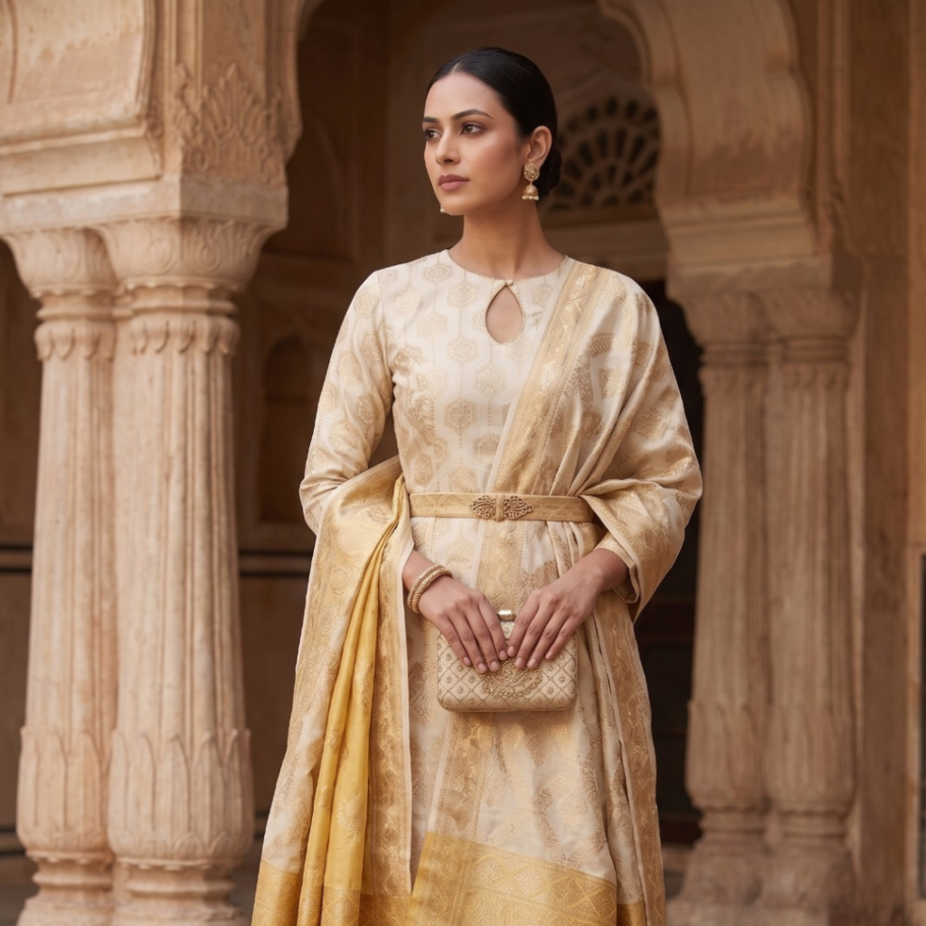Pure Cotton Banarasi Suit 3 Piece Unstitched Dress Material with Golden Zari Work | Soft Cotton Ethnic Wear Set with Dupatta (Yellow)