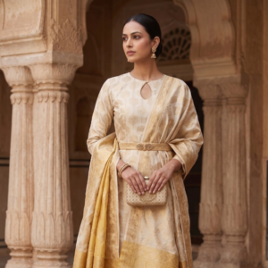 Pure Cotton Banarasi Suit 3 Piece Unstitched Dress Material with Golden Zari Work | Soft Cotton Ethnic Wear Set with Dupatta (Yellow)
