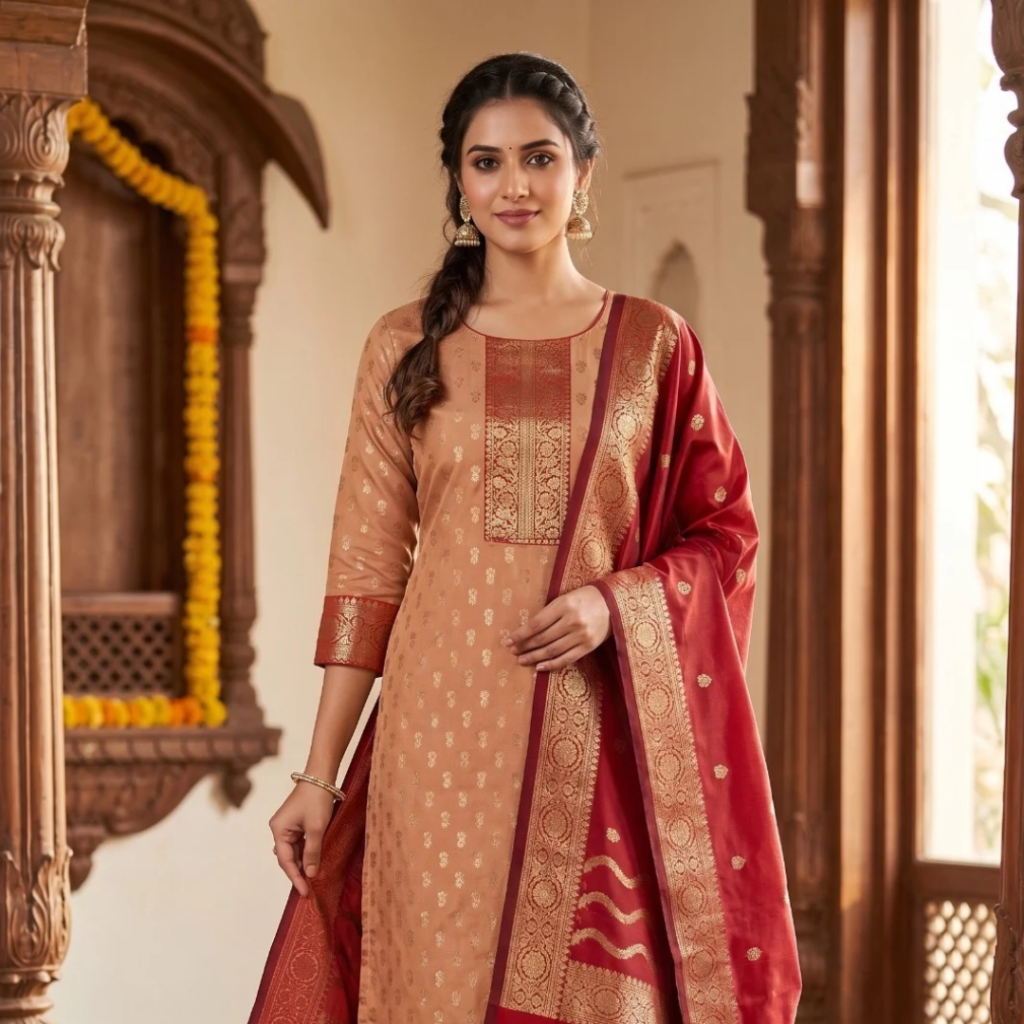 Banarasi Katan Silk Suit – Beige & Red