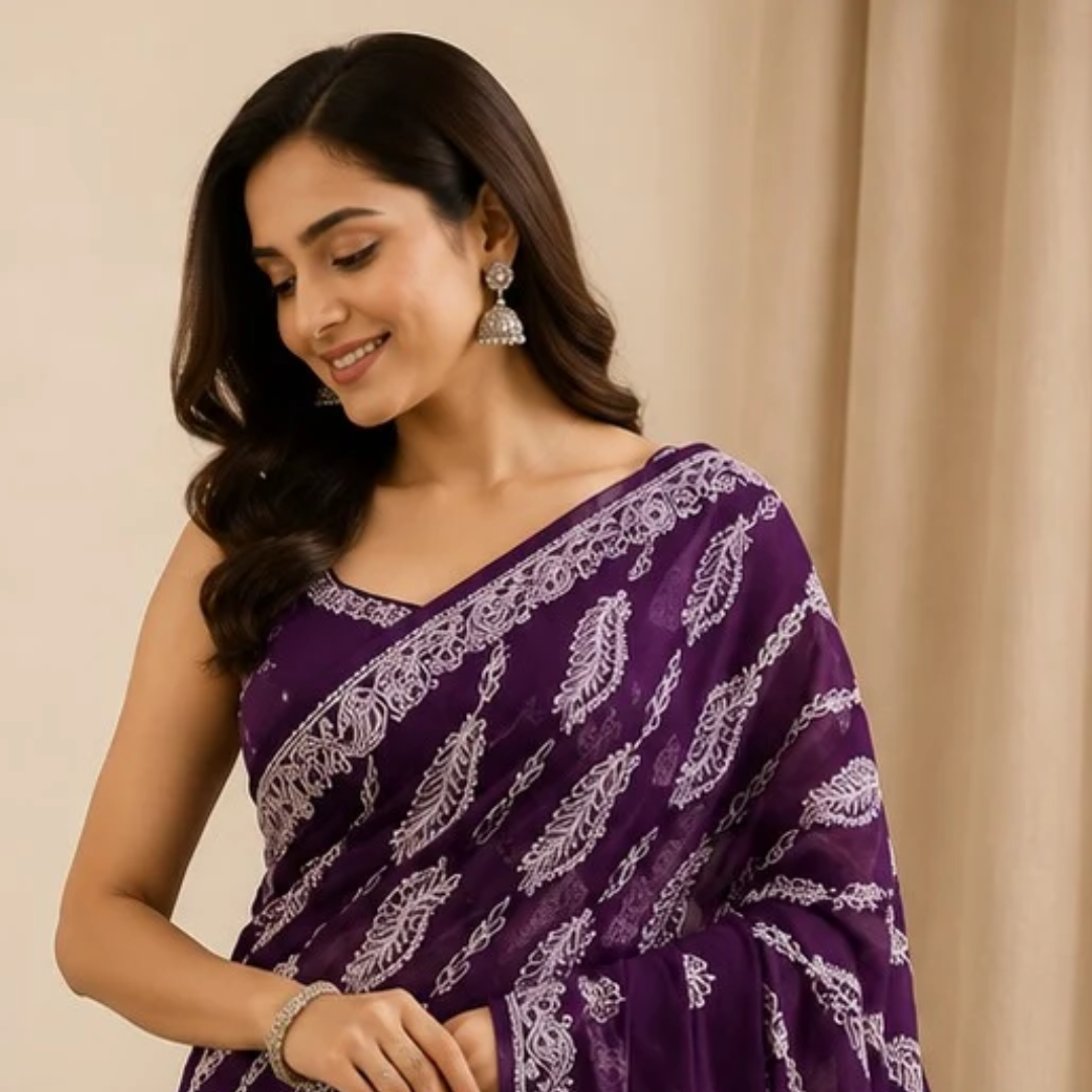 Lucknow Chikankari Georgette Saree for Women | Traditional Hand Embroidered Saree with Blouse Piece (Purple)