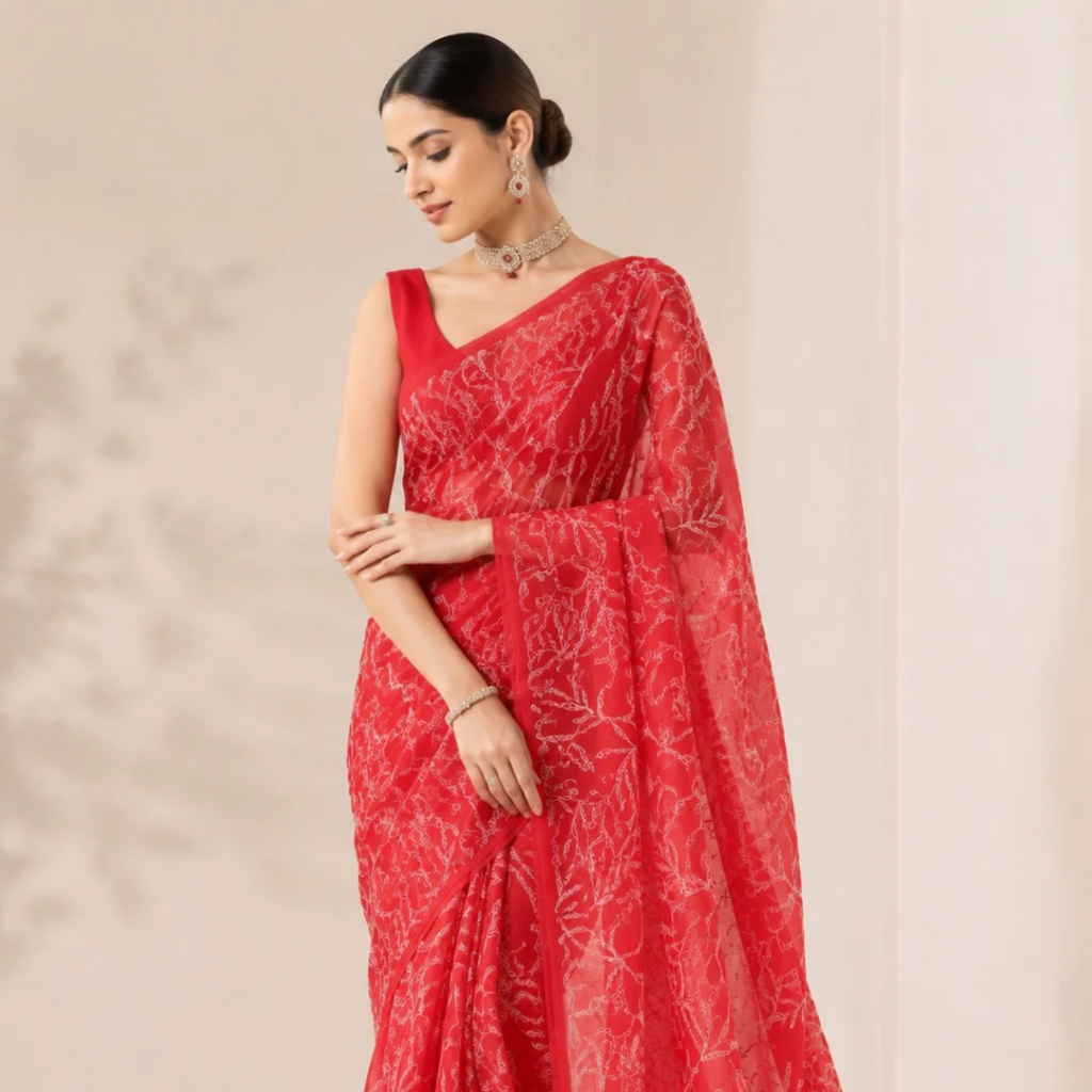 Hand Embroidered Lucknowi Chikankari Georgette Saree for Women with Unstitched Blouse Piece Tepchi Saree (Red)
